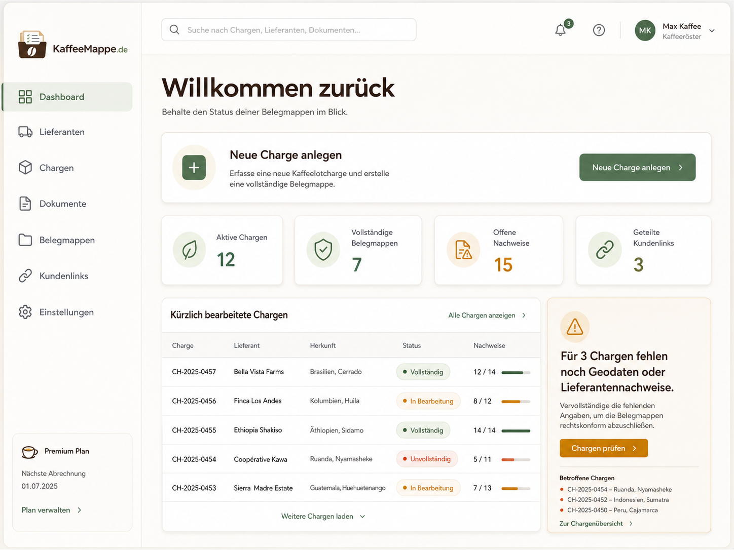 KaffeeMappe Dashboard mit Chargen und Belegmappenstatus