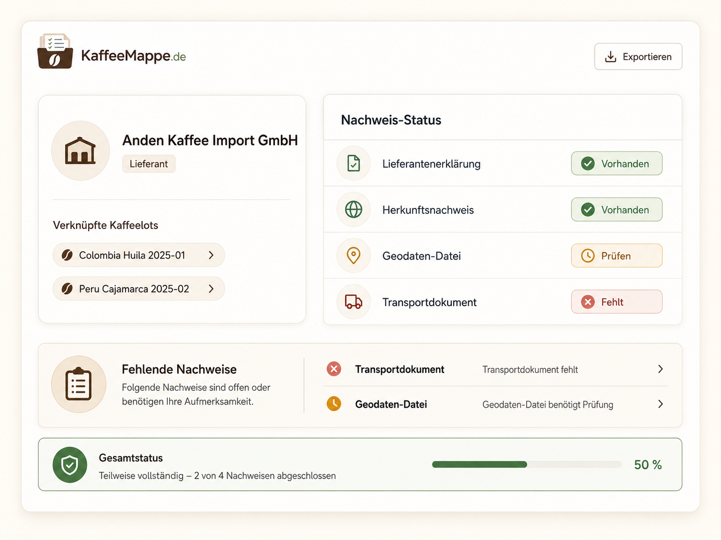 Lieferanten- und Dokumentenworkflow in KaffeeMappe.de